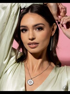 Silver Starburst Pendant Necklace Set - White Enamel